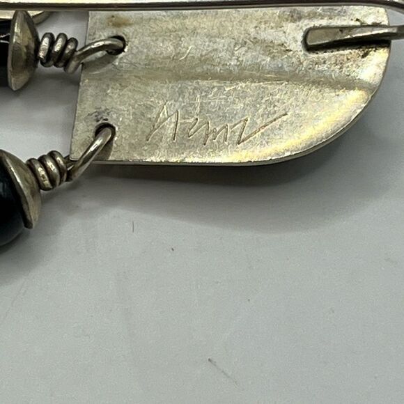 Signed Heinz Brummell Silver and Onyx Dangle Earrings - Picture 6 of 7